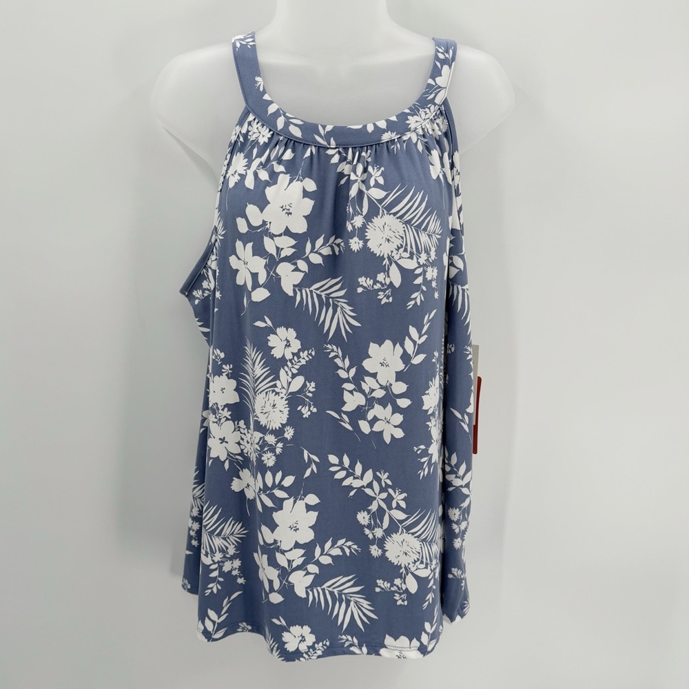 Loveappella Top Womens 1X Blue Ivory Floral Halter Tank Keyhole Back NWT READ